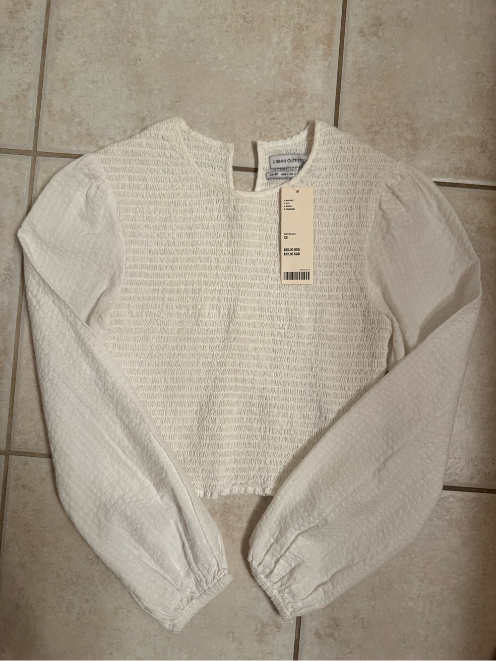 Urban Outfitters White Long-Sleeve Smocked Top NWT